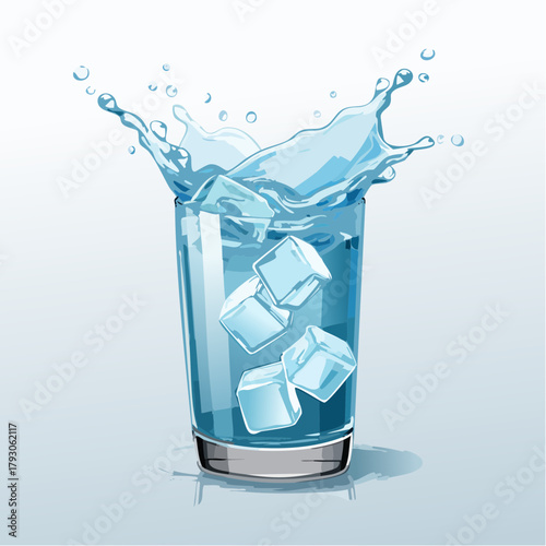 Clear glass filled with cool blue water and ice cubes splashing upwards against a soft light blue gradient background with dynamic liquid motion and refreshing abstract elements