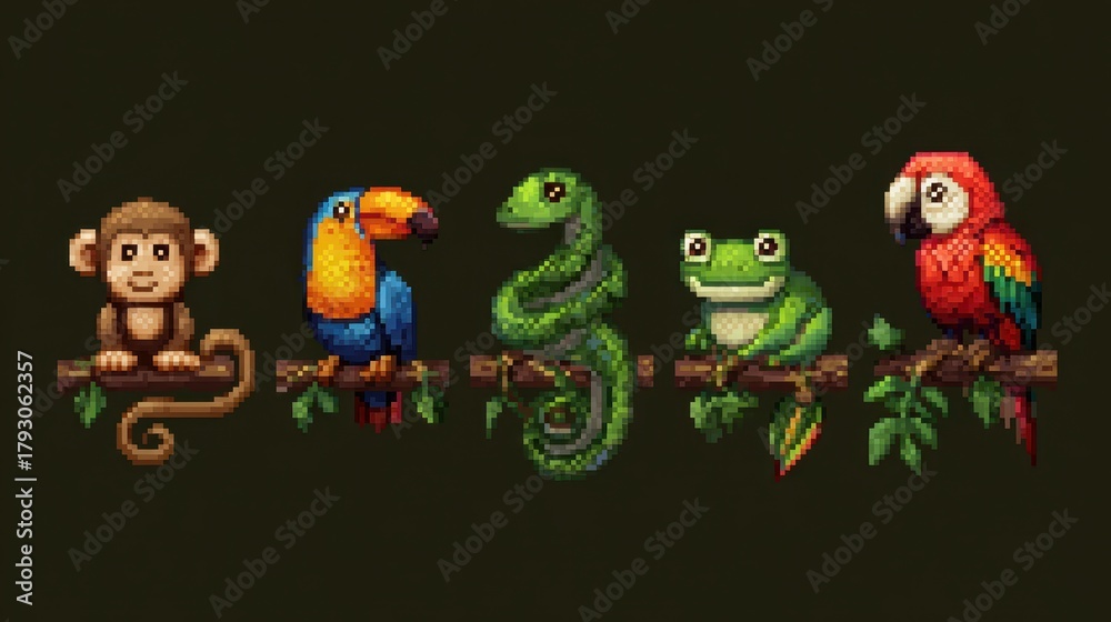 Obraz premium Colorful Jungle Scene with Animals and Nature Elements in Pixel Art