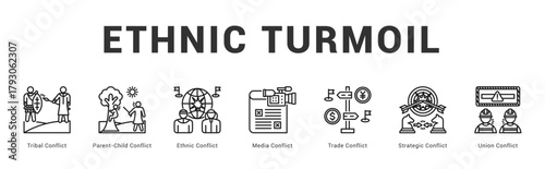 Ethnic Turmoil Modern and clean web banner illustration featuring thematic icons for visual communication