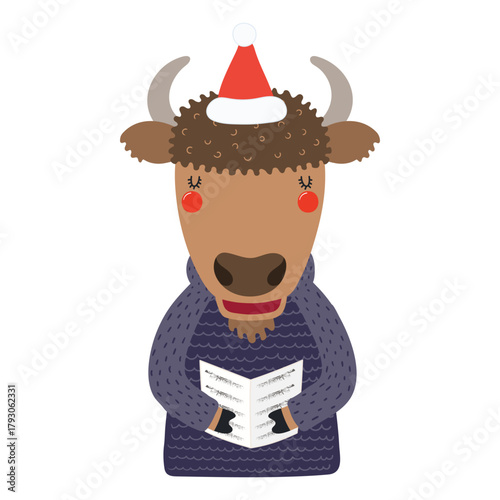 Bison in sweater singing Christmas carols isolated on transparent. Hand drawn flat vector illustration. Cute cartoon character. Traditional Christmas, New Year design element, clip art