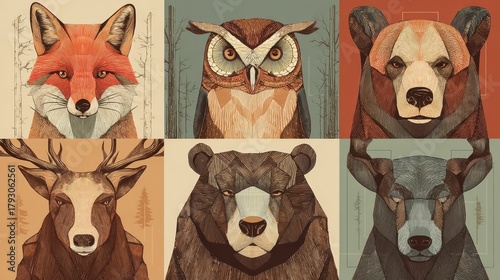 Detailed Animal Portraits Featuring Fox, Owl, Bear, and Deer