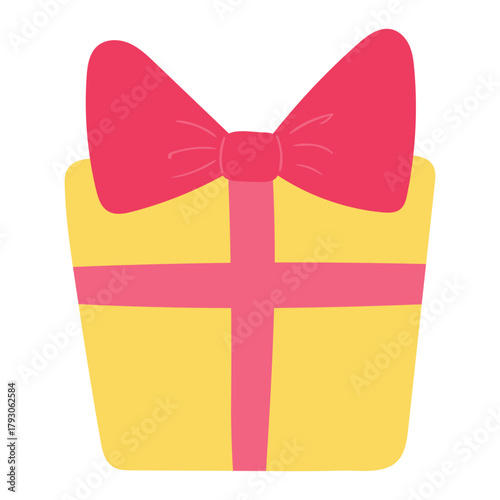 Birthday gift, present in box, wrapping paper with bow hand drawn illustration, isolated vector. Flat style design. Birthday celebration, festival, carnival, party clip art, element