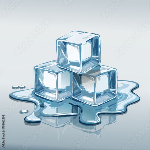 Three transparent ice cubes melting on a cool grey surface with water droplets and reflections highlighting their crystalline structure and refreshing coolness
