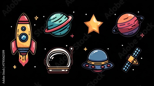 Colorful Cartoon Space Elements with Rocket, Planets, and Stars