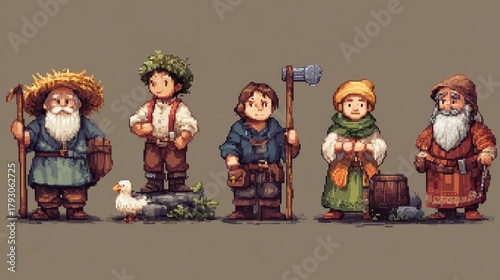 Charming Pixel Art Characters in Medieval Fantasy Setting