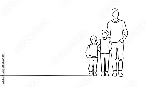 Father walk with 2 sons, line art drawing. Continious line happy family on white background. Vector illustration