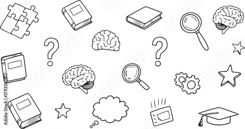 Education and Learning Doodle Set with Books, Brains, Puzzles, and Magnifying Glasses