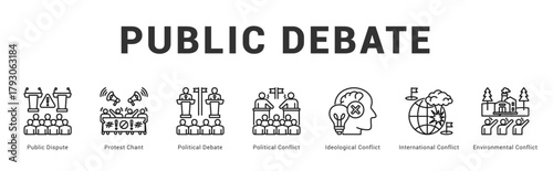 Public Debate Modern and clean web banner illustration featuring thematic icons for visual communication