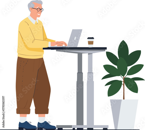 Illustration of an elderly man working on a laptop at a standing desk with a coffee cup and plant, ideal for lifestyle and workplace designs.