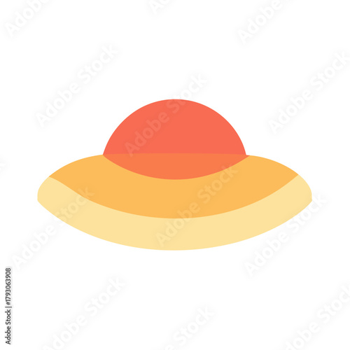 Stylized illustration of a wide brimmed sun hat with coral and yellow tones