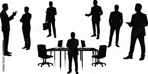 Business team, corporate meeting, leadership concept, office collaboration, professional people, teamwork strategy, silhouette group, workplace communication, modern workspace, success