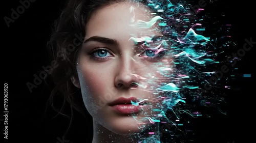 Data stream, girl with disintegration effect in digital cyber space concept