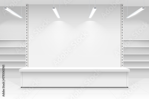 Empty interior supermarket, food market, shop showcase with shelves. 3D Render.