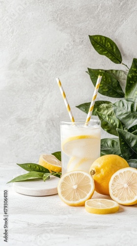 Refreshing lemon drink with fresh fruit slices and green leaves on a textured surface.