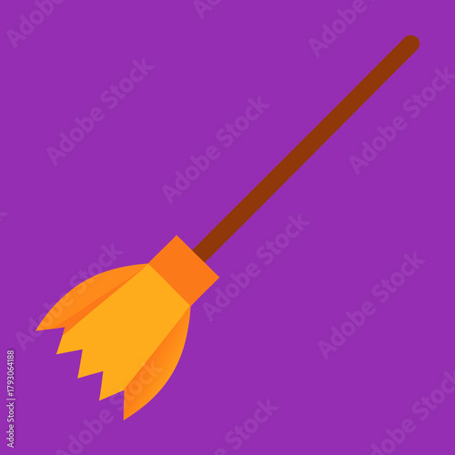 Halloween witch broomstick with orange bristles on purple background
