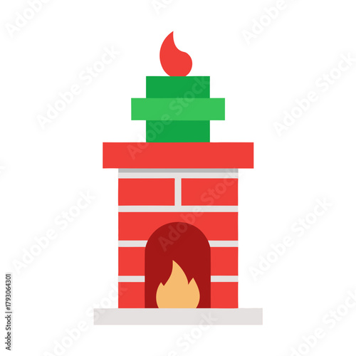 Stylized christmas fireplace with burning fire and green chimney