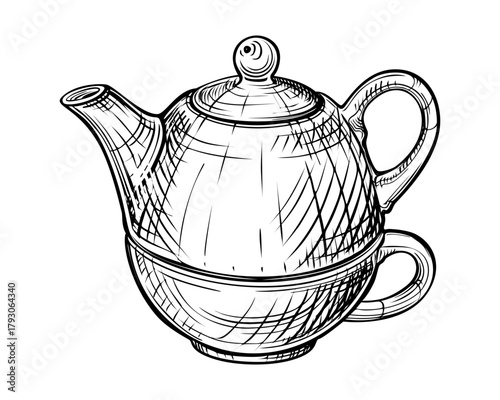 Tea kettle. Vector hand drawn illustration of teapot in engraved style. Ceramic household kitchen utensils. Black and white sketch isolated on white background