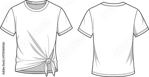 Short sleeve t-shirt flat sketch, fashion illustration, side tie knot design, front and back view, apparel template, garment drawing