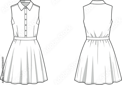 Sleeveless dress technical sketch, fashion flat illustration, collared neckline, button front, pleated skirt, garment design, apparel template, vector drawing