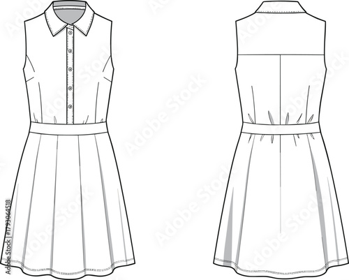 Sleeveless dress, fashion sketch, technical illustration, pleated skirt, collared neckline, button front, garment design, apparel template, sewing reference, stylish silhouette