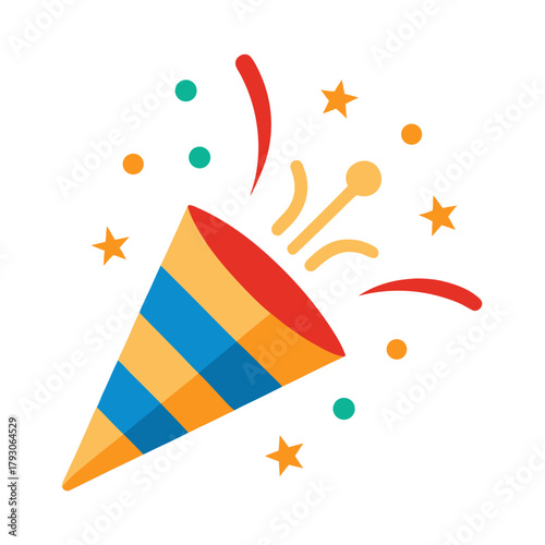 Colorful party popper exploding with confetti and stars