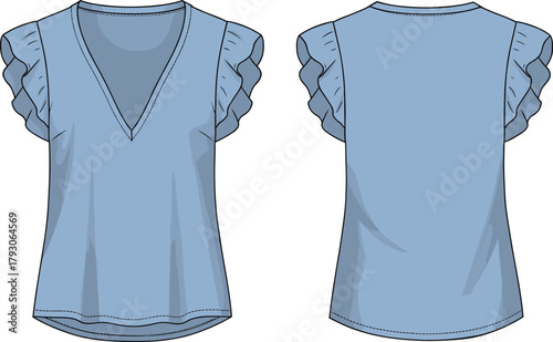 Women's blouse illustration, fashion sketch, technical garment drawing, ruffle sleeve top, V-neck blouse, apparel design, light blue shirt, stylish