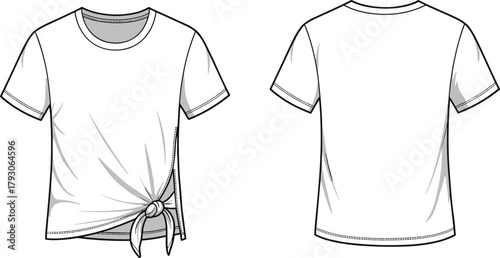 White short sleeve t-shirt, fashion sketch, side tie knot, front and back view, apparel design, garment template, technical illustration