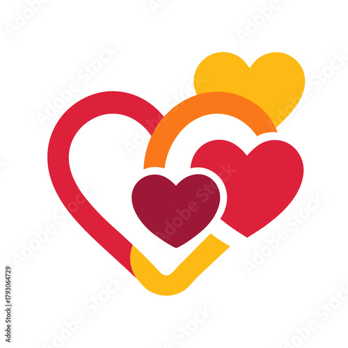 Interlocking hearts in red orange and yellow on white background