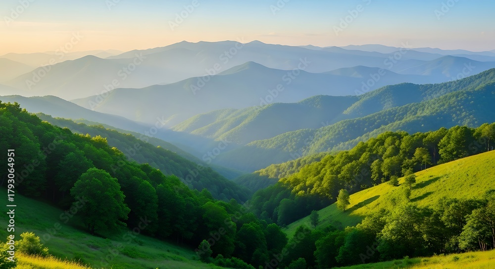 Fototapeta premium Misty mountain range at sunrise with green valleys