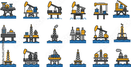 Offshore oil rig illustrations, drilling platforms, jack-up rigs, semi-submersibles, energy infrastructure, marine engineering, petroleum industry, ocean extraction, technical sketches