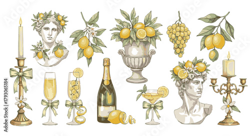 A harmonious collection of elegant design, with vintage lemon illustrations, including a champagne bottle and sparkling cocktail, evoke a feeling of sophisticated.