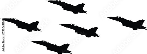 Silhouette fighter jets flying in formation, military aircraft precision, aviation teamwork, air force display, aerial coordination, defense, sky, patrol
