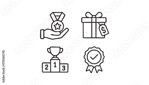 Award, Prize, Incentive, Reward icons set — outline vector, hand with medal, gift box tag, trophy podium, checkmark badge, minimal black line pack