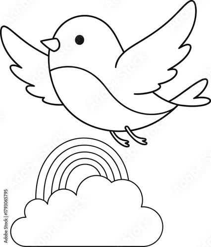 Cute Cartoon Bird Flying Over Cloud with Rainbow - Simple Black and White Line Art Illustration
