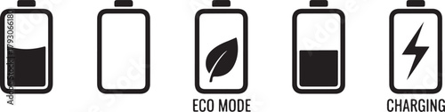 Battery level indicators and charging symbols power energy