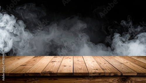 Wooden Tabletop with Smoky Background Horizontal Composition, Dark Mood, Misty Atmosphere, Product Display Keywords Mockup, Background