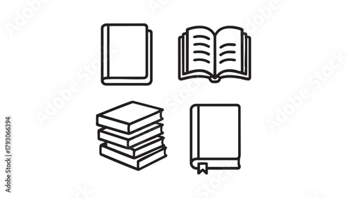Book icons set — outline vector, closed book, open book, stack, bookmarked volume, minimal black line library symbols for web and app