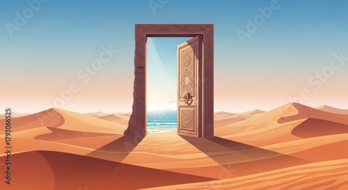 Open door to ocean in sand desert illustration of opportunity and access