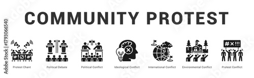 Community Protest Modern and clean web banner illustration featuring thematic icons for visual communication