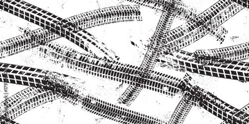 Tire track seamless pattern. Grange tread marks .Grunge textured vector car tread . Car trails endless pattern texture. Tyre track seamless texture. Wheel tire tread track background