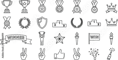Outline Symbols Collection With Trophy, Medals, Crown, and Victory Sign on White