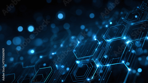 An abstract image of a digital circuit design with a hexagonal pattern in shades of blue with glowing elements