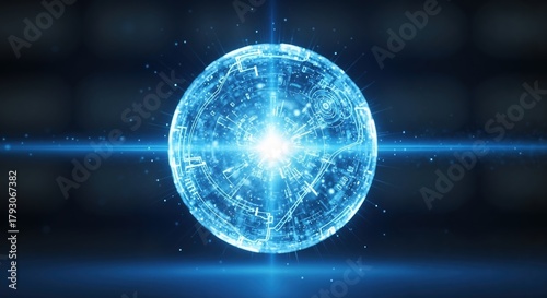 Glowing blue digital sphere with a powerful energy core. Abstract futuristic technology background. Artificial intelligence and quantum computing concept