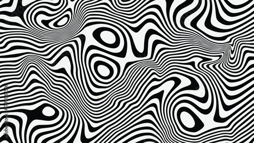 Abstract black and white op art pattern with swirling lines and concentric circles creating optical illusions