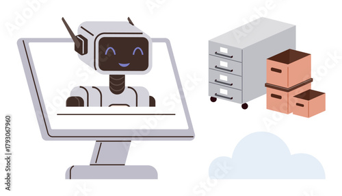 Friendly robot chatbot displayed on a computer monitor, alongside storage boxes, a filing cabinet, and a cloud icon. Ideal for AI, technology, digital organization, data management, filing systems