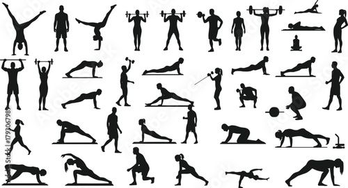 WebFitness workout silhouette vector illustration, people exercising with weights, yoga and cardio poses, gym training, stretching, strength workout, sports and healthy lifestyle design