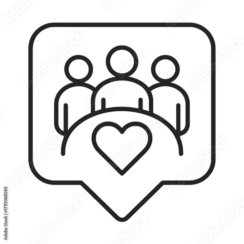 Thin line group with heart icon inside square pin, black vector symbol representing community care, unity, and humanitarian support.