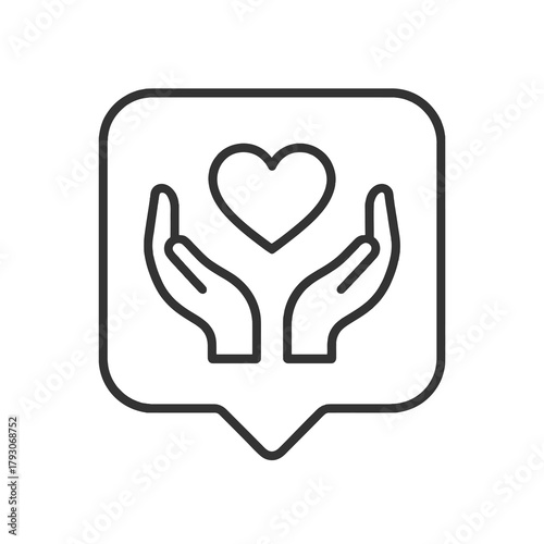 Thin line hands holding heart icon inside square pin, black vector symbol representing charity, love, and humanitarian assistance.