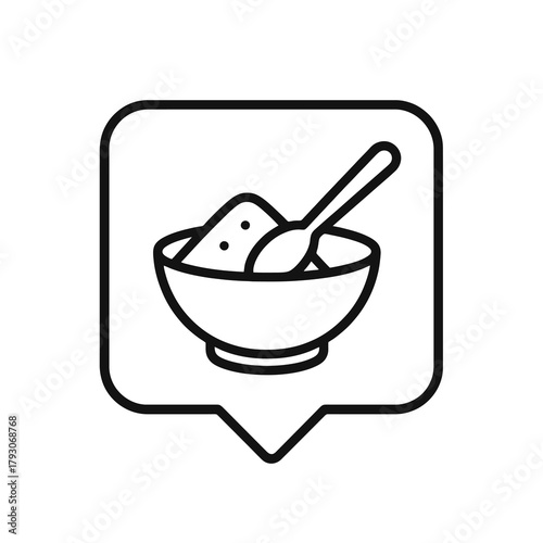 Thin line bowl with spoon icon inside square pin, black vector symbol representing dietary supplements, vitamins, and nutrition products.
