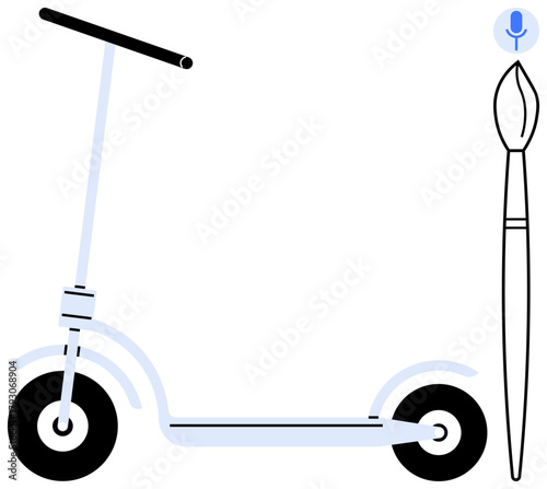 Kick scooter alongside a paintbrush and microphone icon highlighting creativity, technology, and mobility. Ideal for innovation, design, transportation, art, digital tools, work-life balance simple
